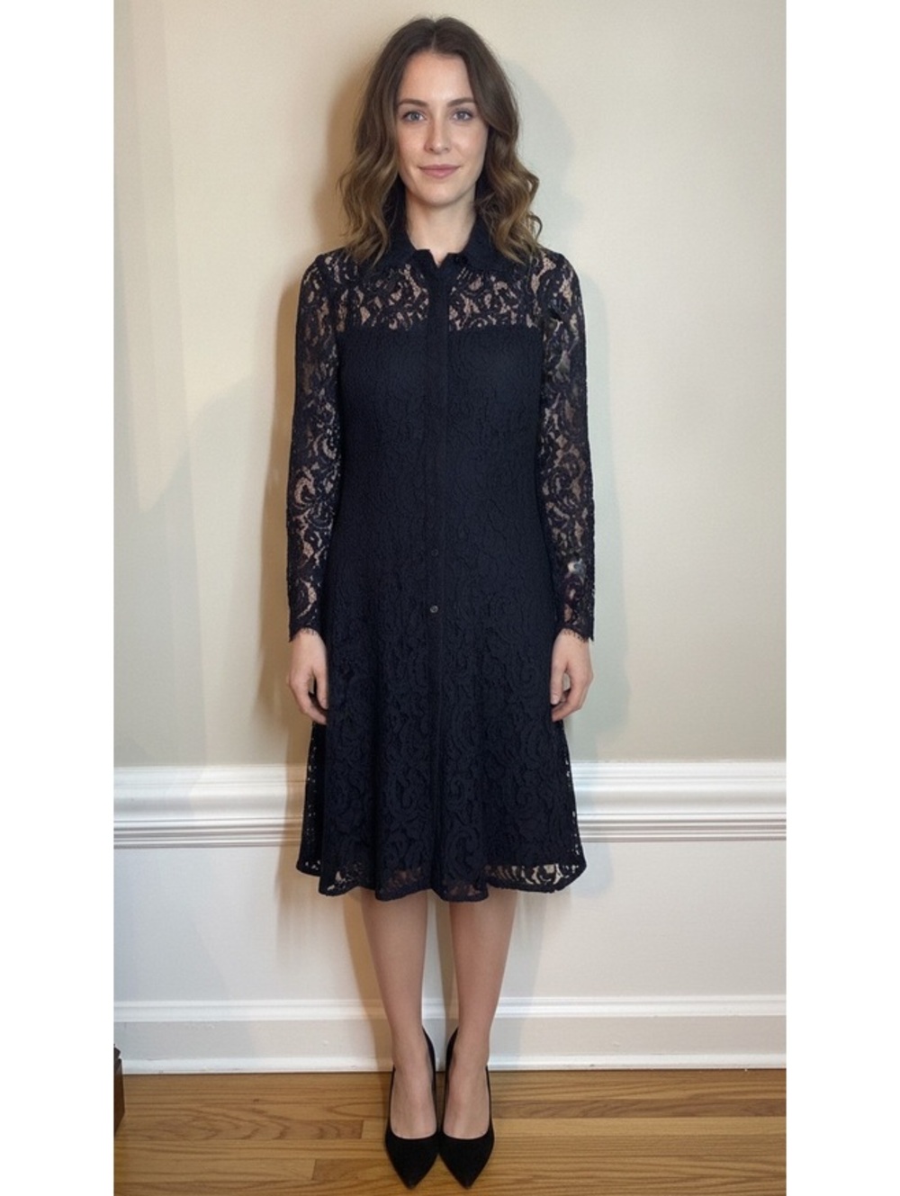 Nanette Lepore Black Lace Long Sleeve Shirt Dress 4